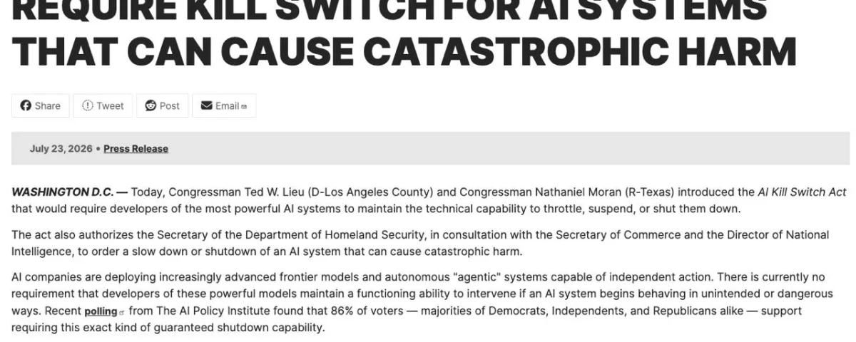 US Legislation Proposes Emergency AI 'Kill Switch'